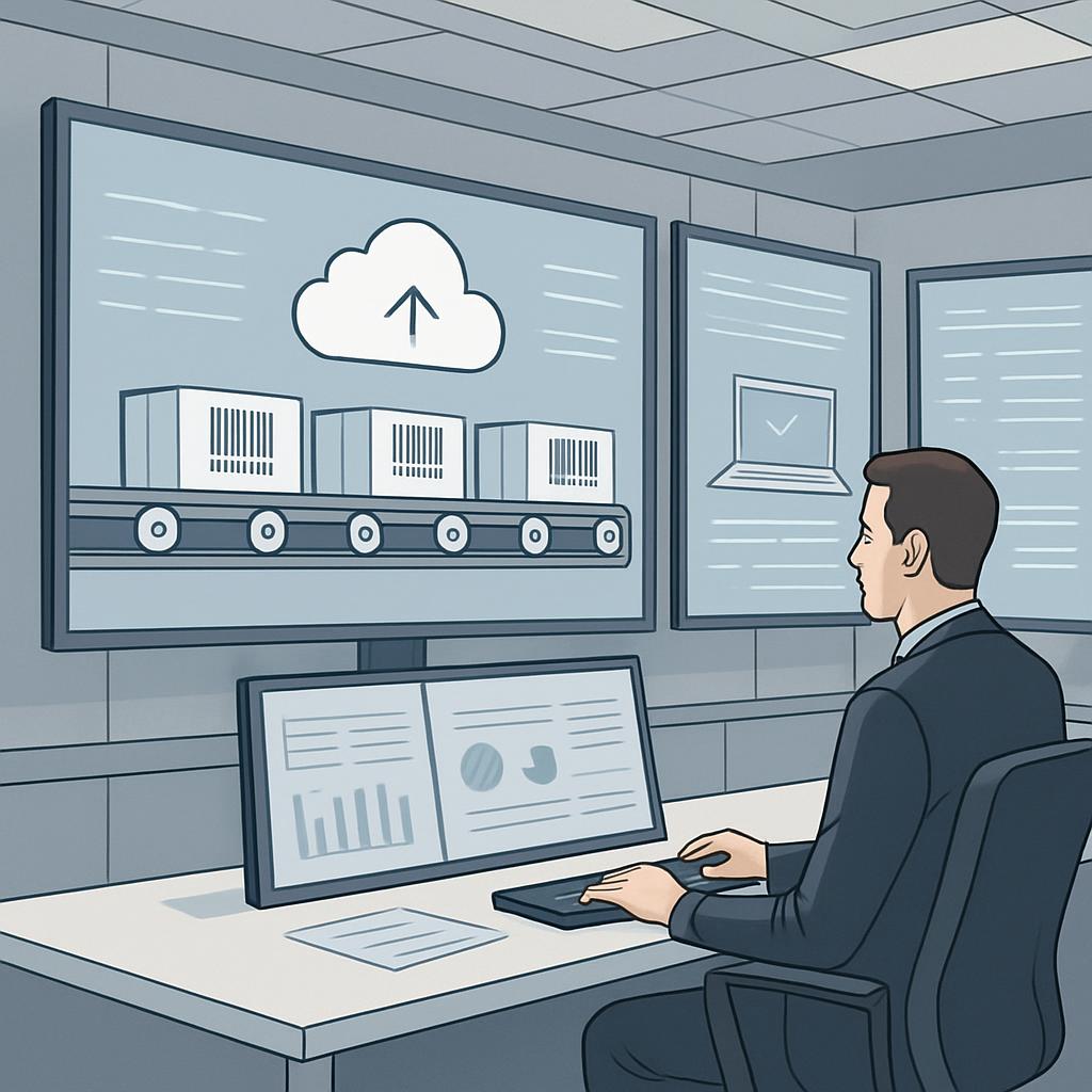 A cartoon illustration of an office setting with man sitting at a desk with large screens in front of him running data vis...