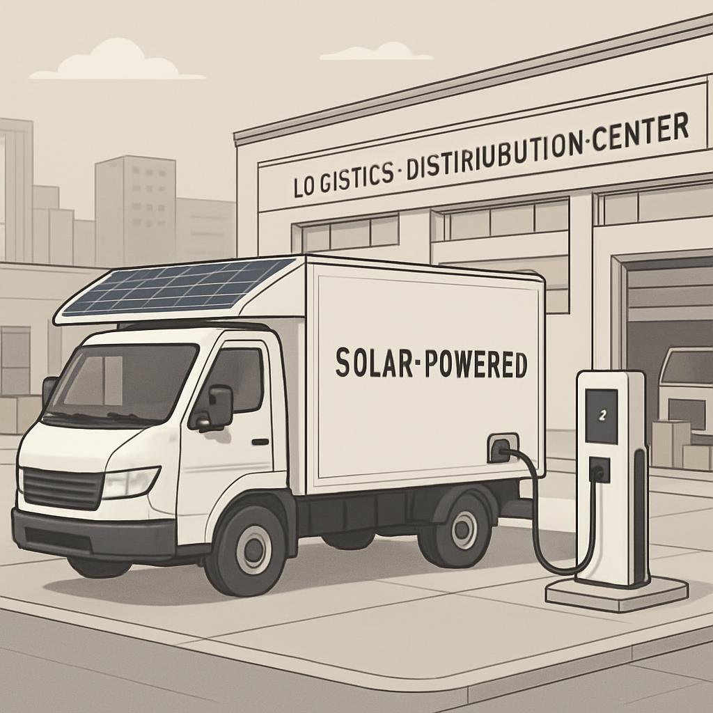 alt text: Truck parked in front of logistics distribution center.