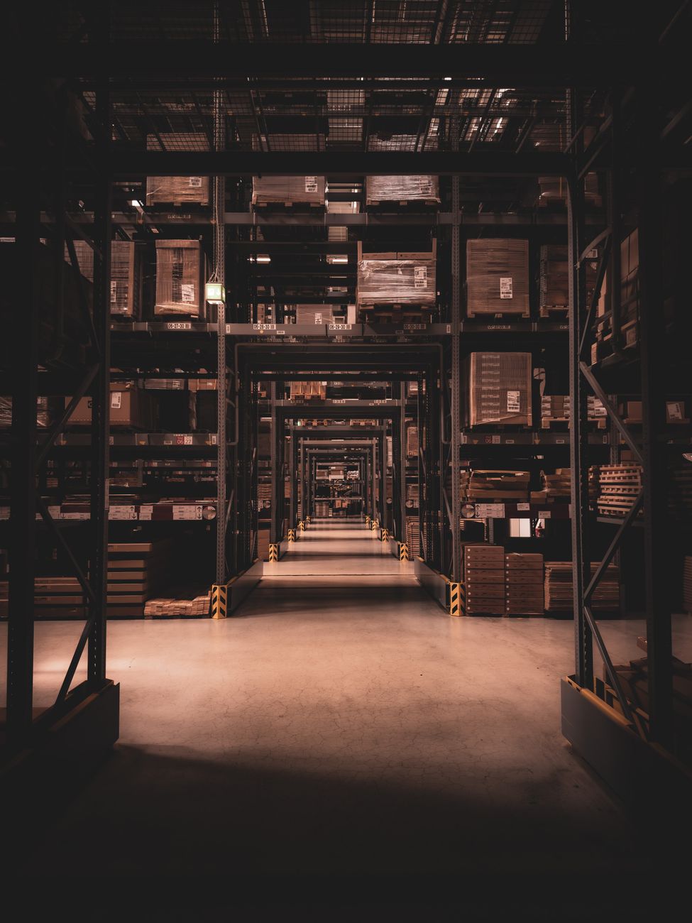 Warehouse shelving and aisles, illustrative photograph