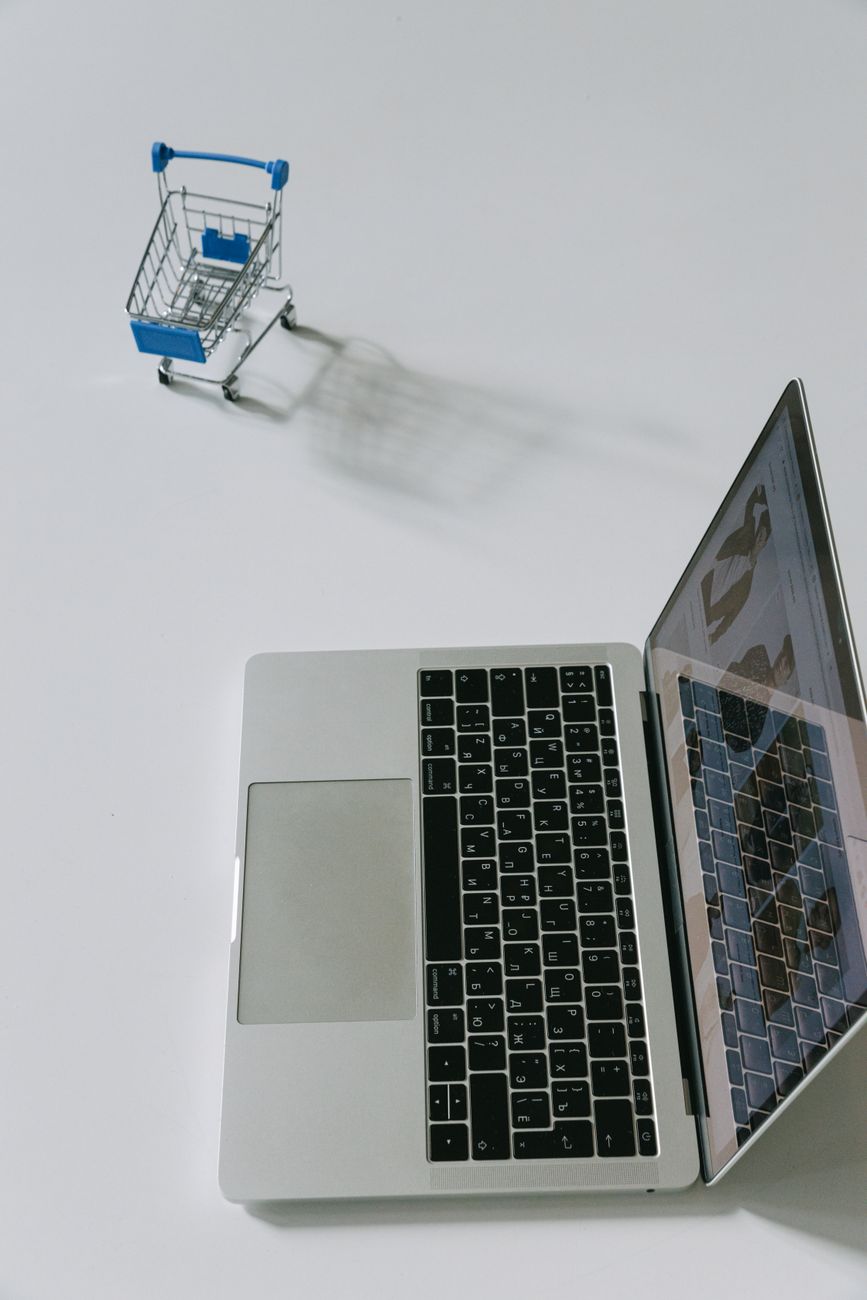 Laptop workspace, e-commerce illustration